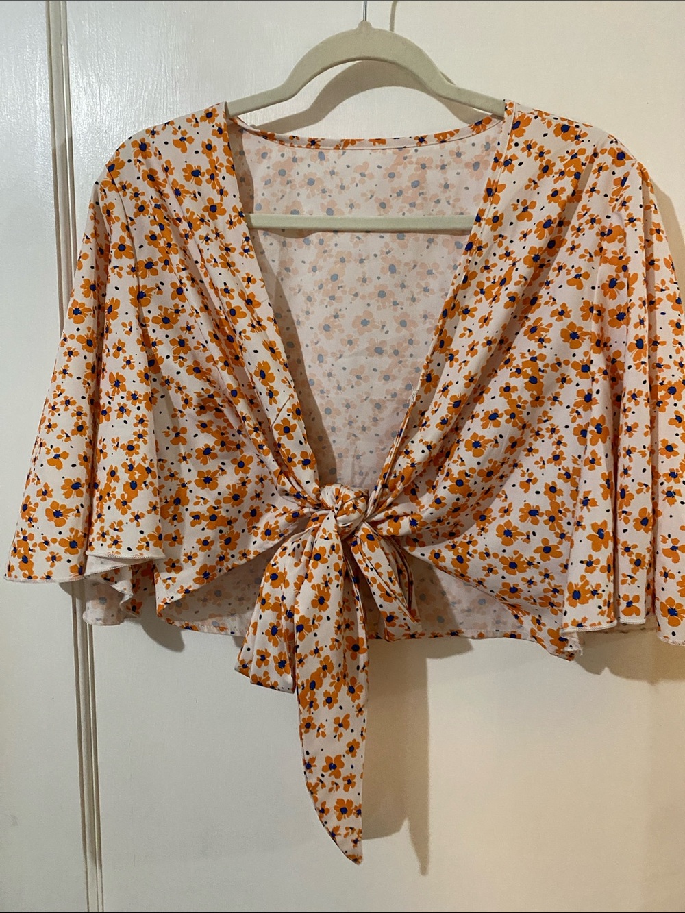 Tie-Front Floral Crop Top in Cream and Orange